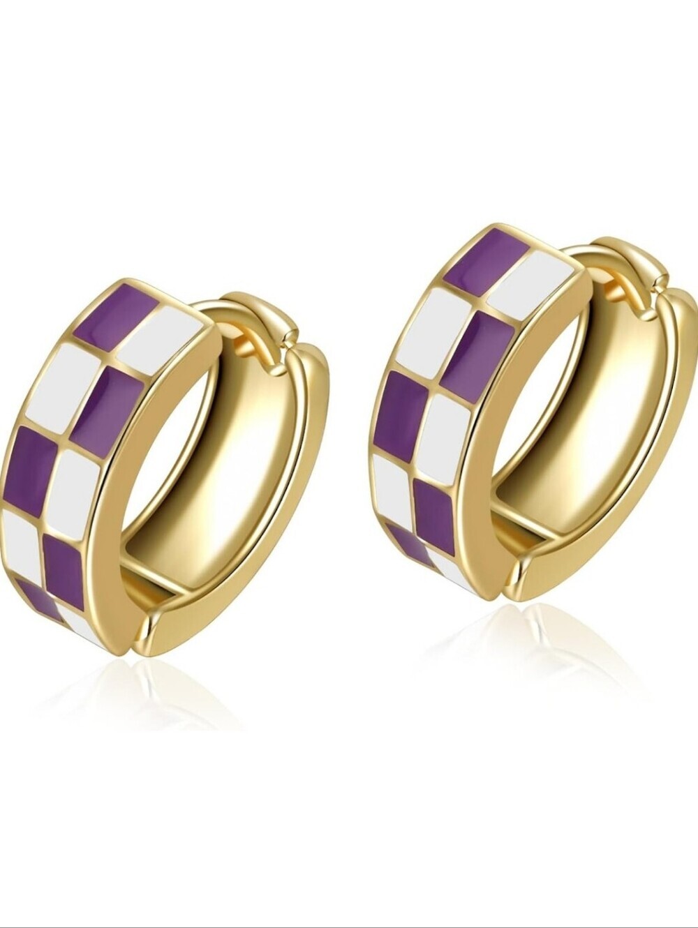 Gold Hoop Huggie Earrings with Purple and White Enamel Checker